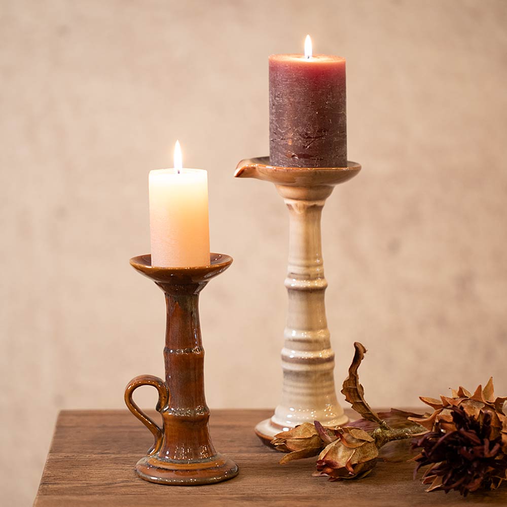 Rigby Short Stoneware Candle Holder in Warm Brown