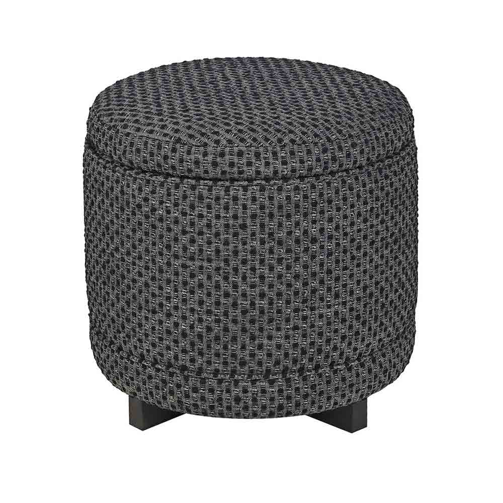 A round upholstered ottoman stool with a textured woven pattern in dark gray and black, supported by two short black legs, shown against a plain white background.