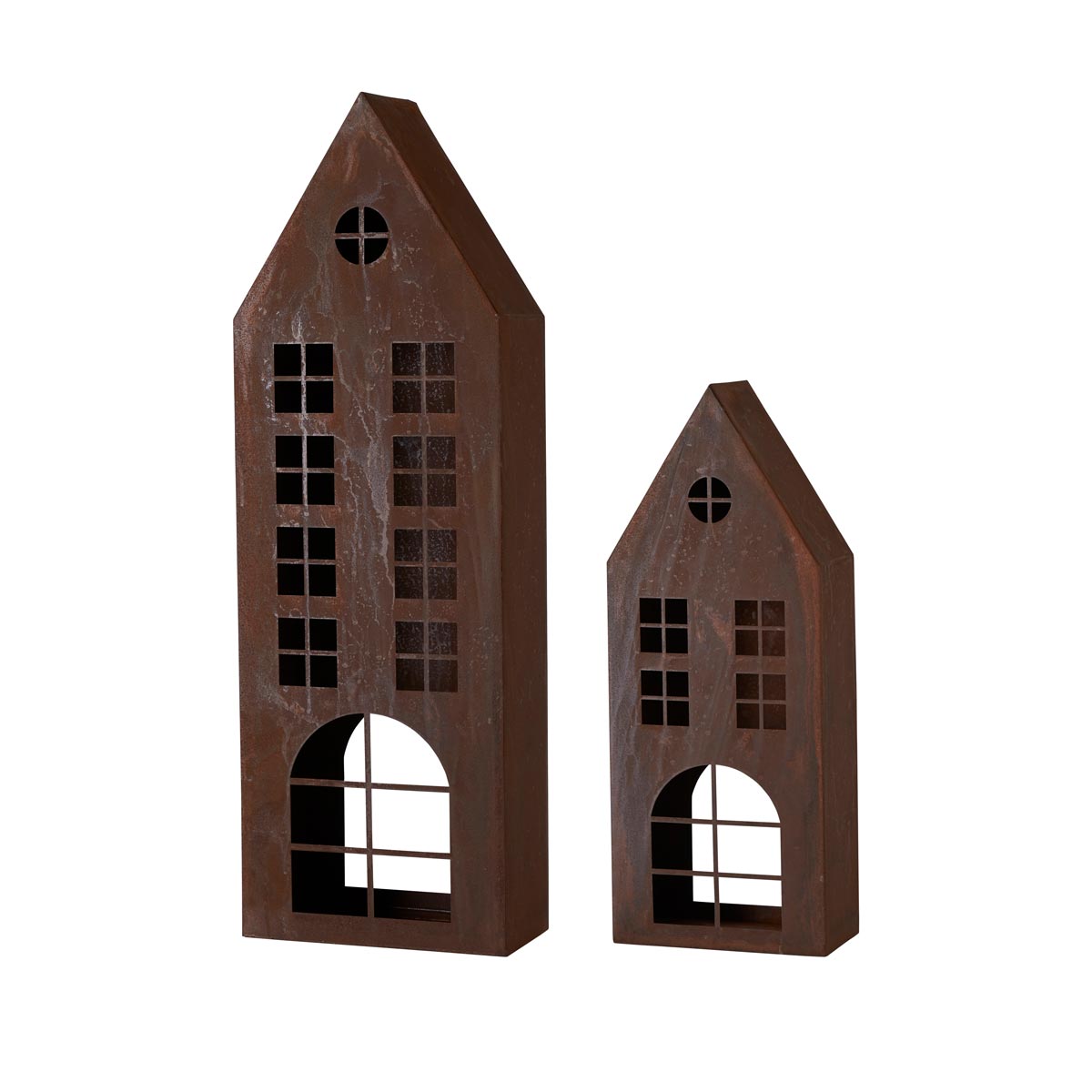 Rustic Iron House Candle Holders - Two sizes shown together