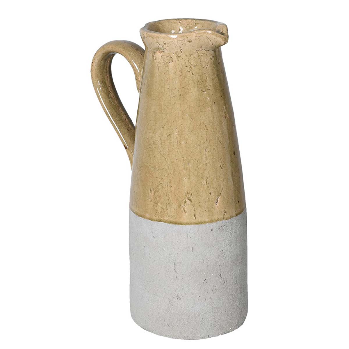 Rustic two-toned ceramic vase with a tall, tapered shape and a curved handle, featuring a glazed upper half in warm beige and an unglazed textured base in light grey.