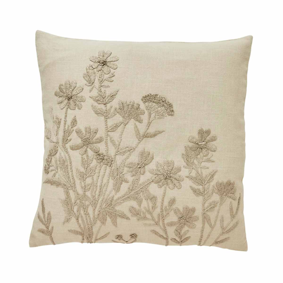 Linen-coloured cotton cushion with embroidered floral detailing, adding a soft, elegant touch to any interior.