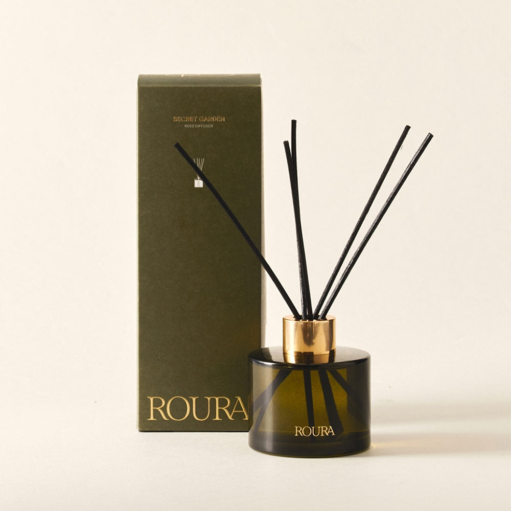 Roura Secret Garden reed diffuser in 100ml bottle with box – floral fragrance with black sticks and packaging on a light background