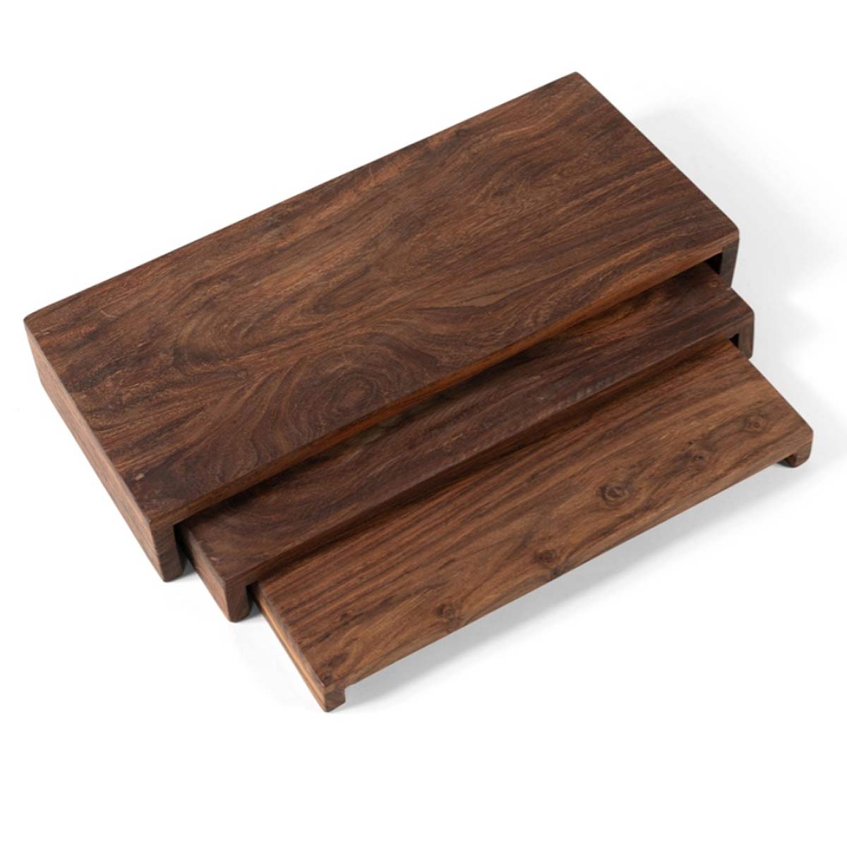 Set of three rectangular acacia wood display blocks in different sizes - Shown slightly stacked together