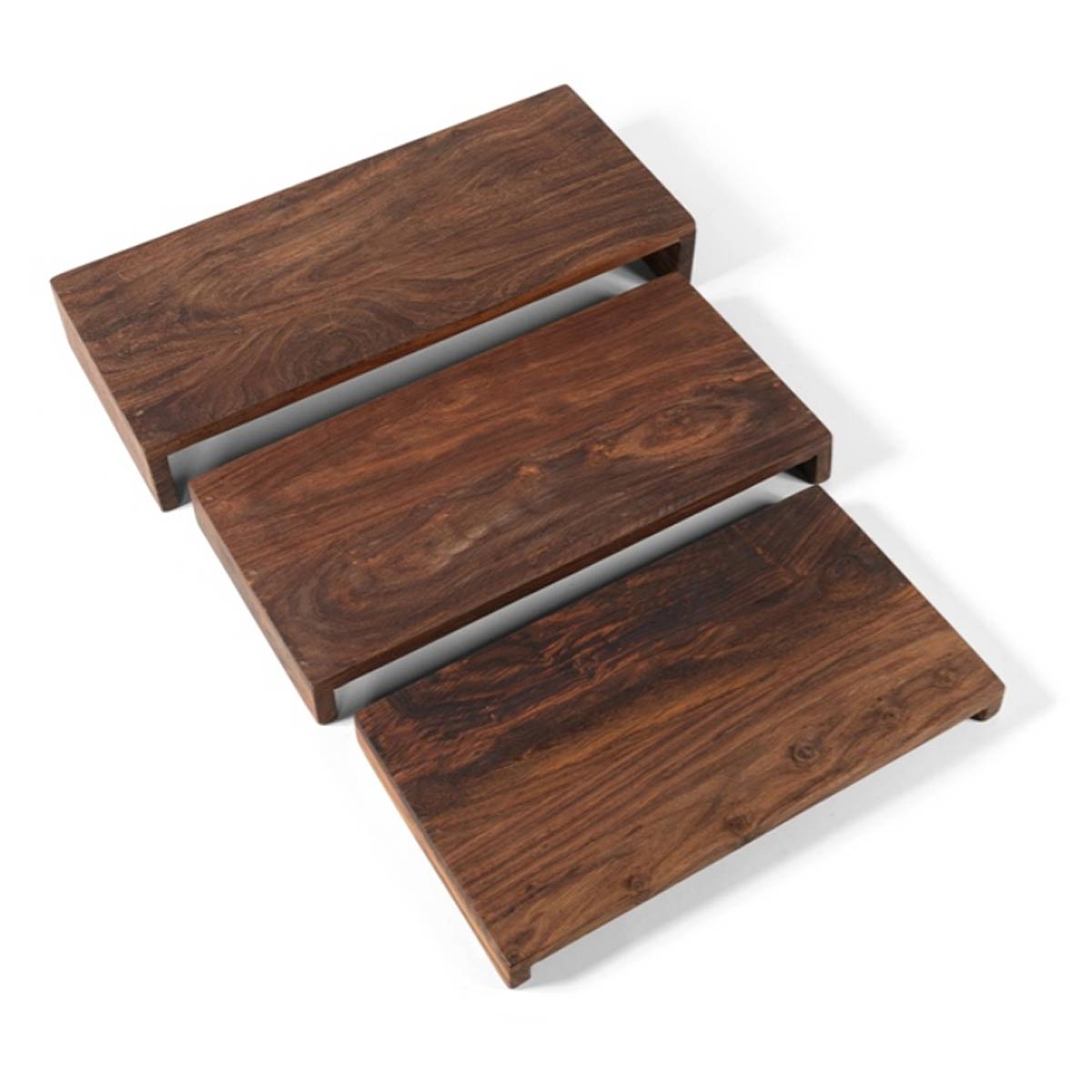 Set of three rectangular acacia wood display blocks in different sizes, ideal for styling, serving, or elevating decor - Shown spread out