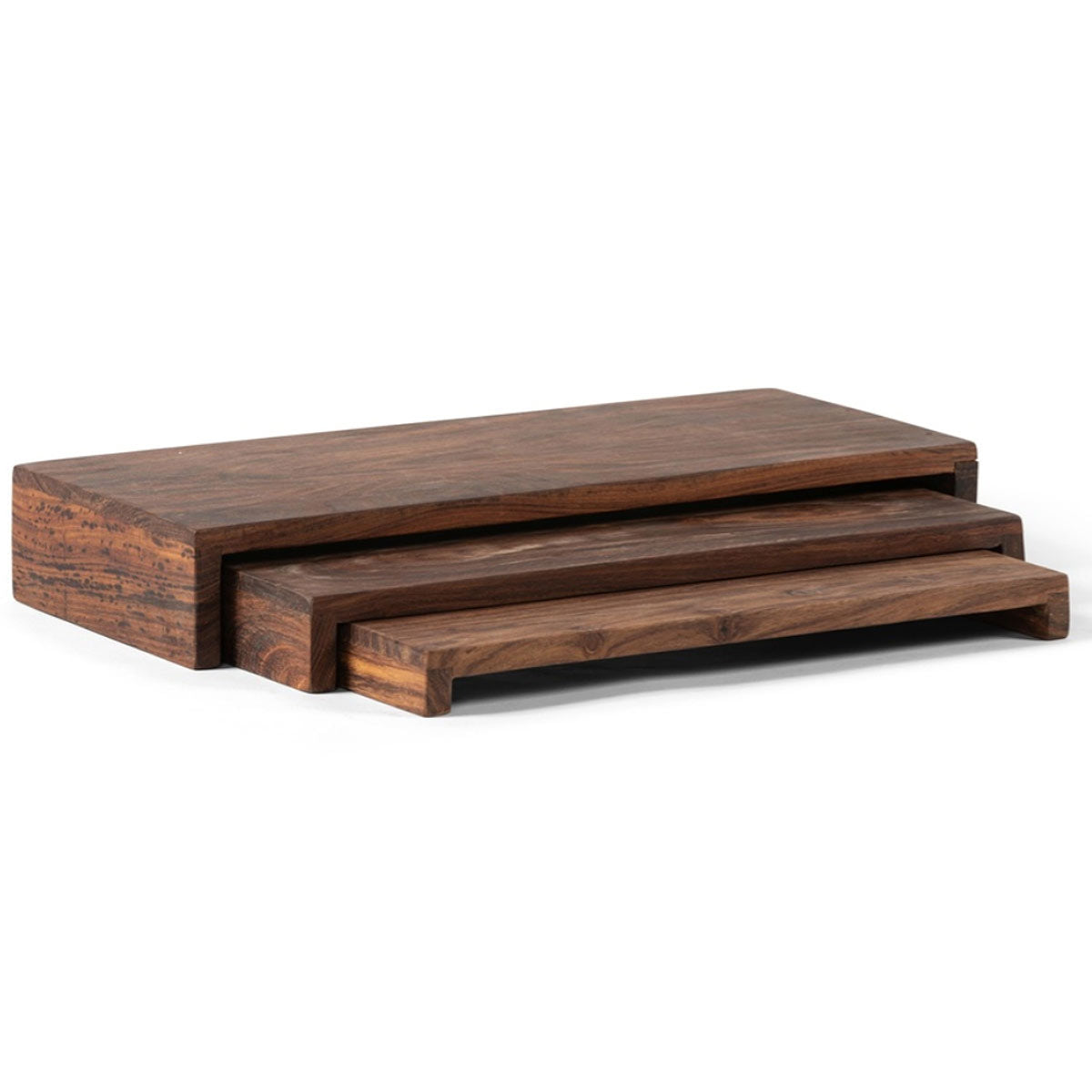 Set of three rectangular acacia wood display blocks in different sizes, ideal for styling, serving, or elevating decor