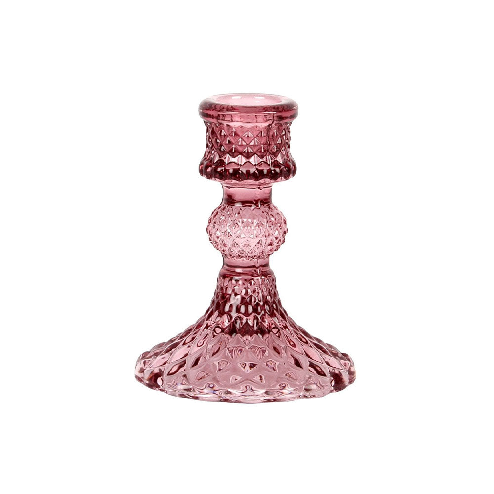 Short Diamond Cut Glass Candlestick - Amethyst Pink
