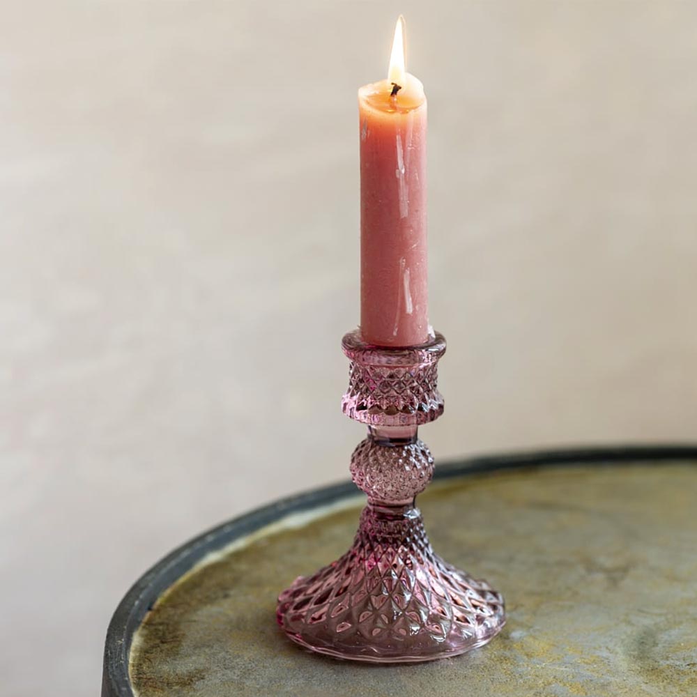 Short Diamond Cut Glass Candlestick - Amethyst Pink