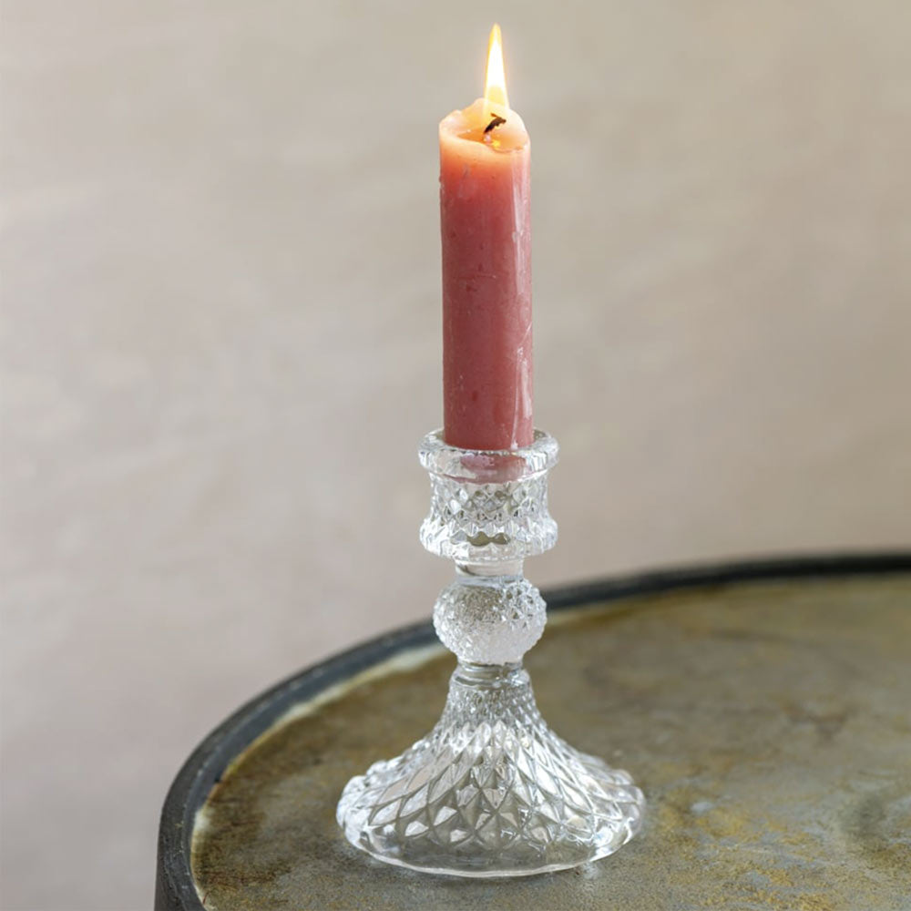 Short Diamond Cut Glass Candlestick - Clear
