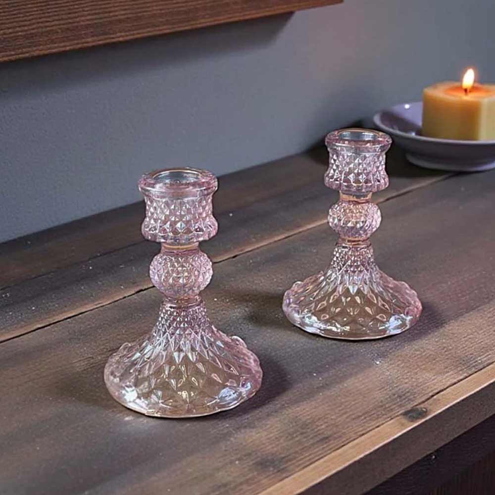 Short Diamond Cut Glass Candlestick - Pale Pink