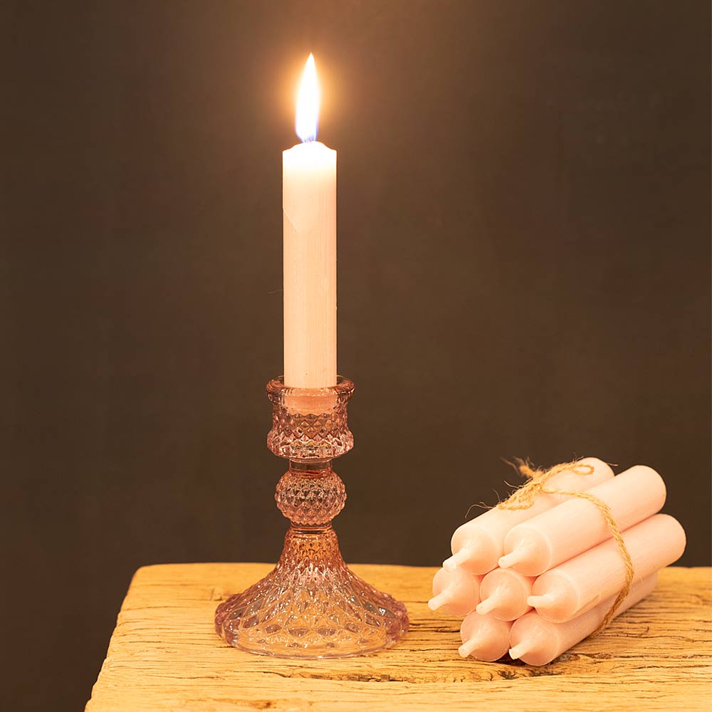 Short Diamond Cut Glass Candlestick - Pale Pink
