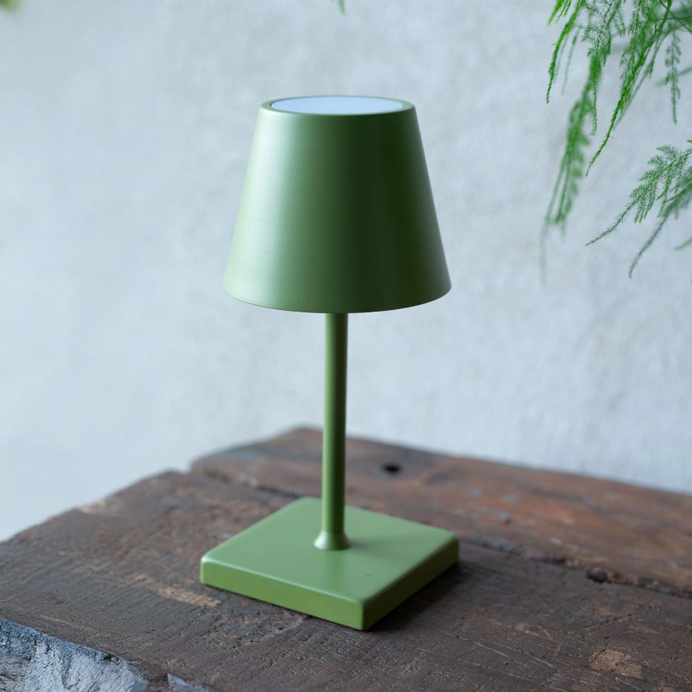 Siena LED Table Lamp – matte green cordless lamp with slim shape styled on rustic table