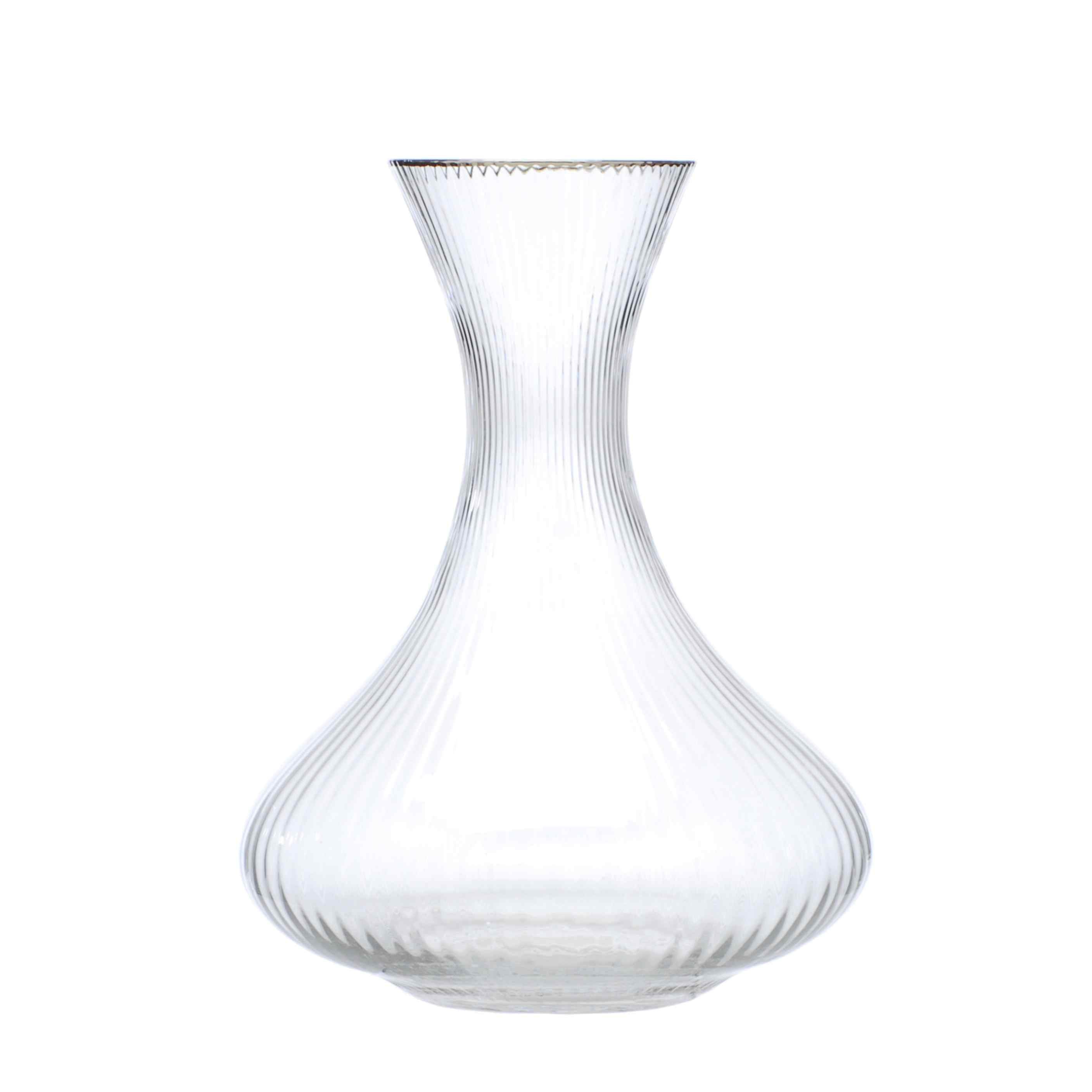 Silver rimmed optic glass decanter with ribbed texture and elegant curved shape, ideal for serving wine or as a decorative table accessory.