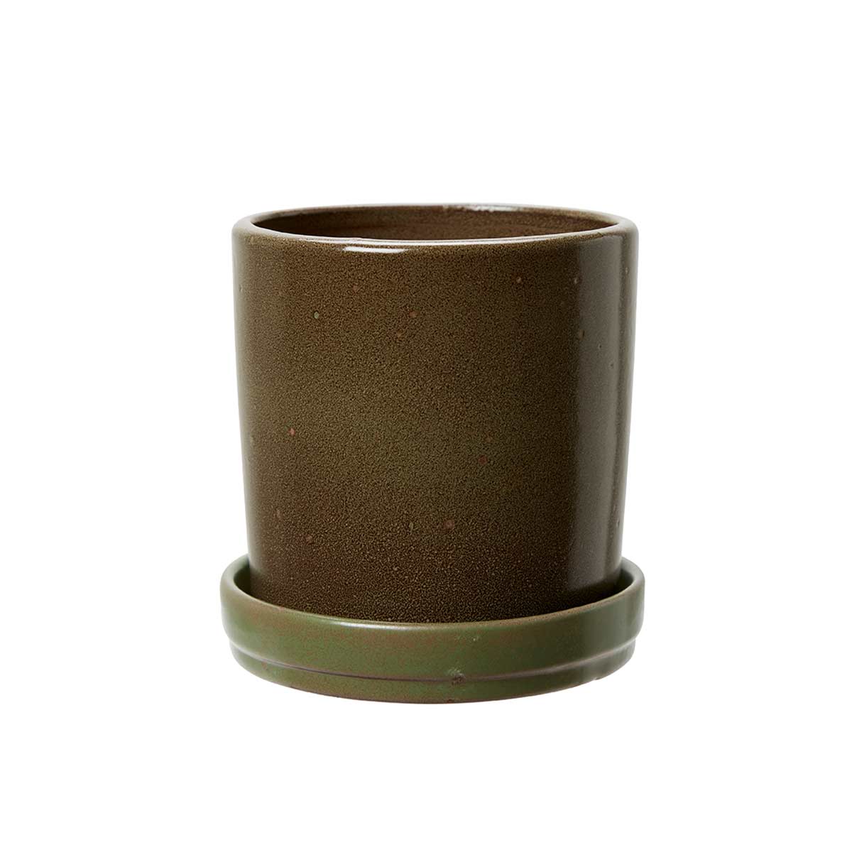 Small Alma Plant Pot – earthy brown finish with matching green base, Ø13cm and Ø13cm