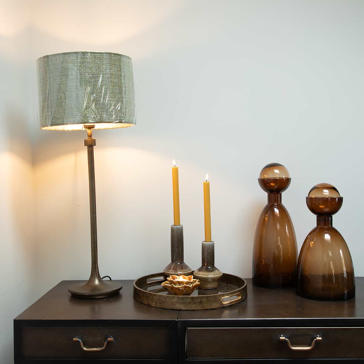 Small Amber Glass Decorative Bottle with Globe Stopper