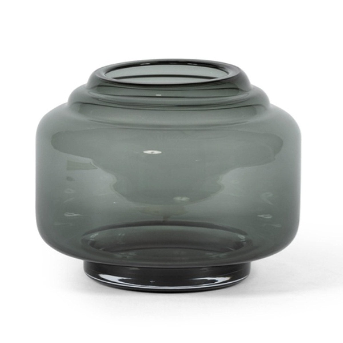 Wide smoked glass jar-style vase with black base