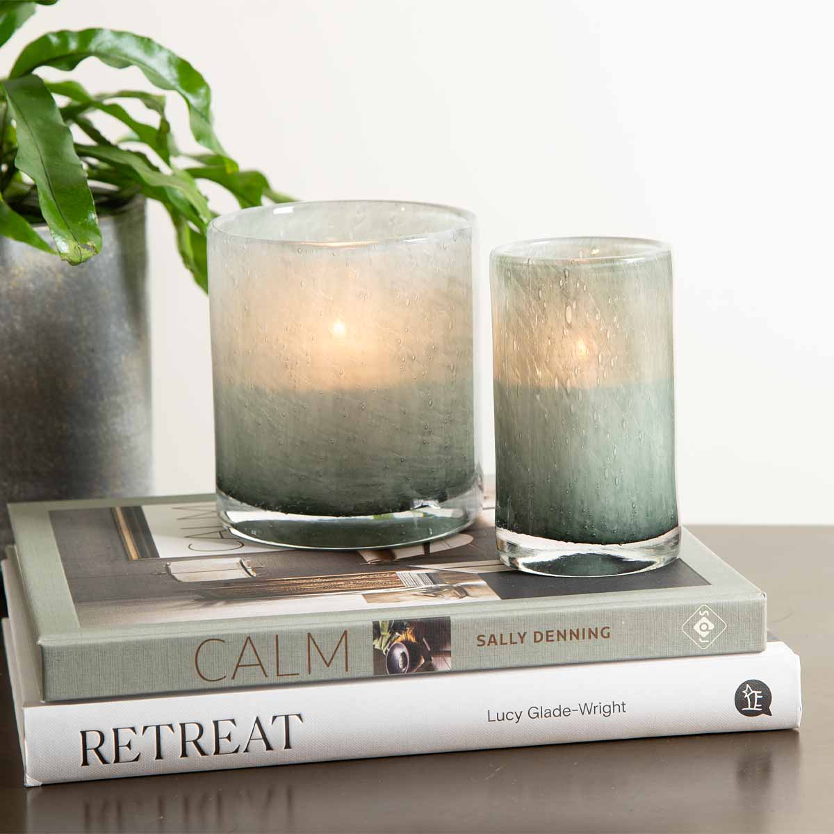 Smoky Green Glass Cylindrical Candle Holder