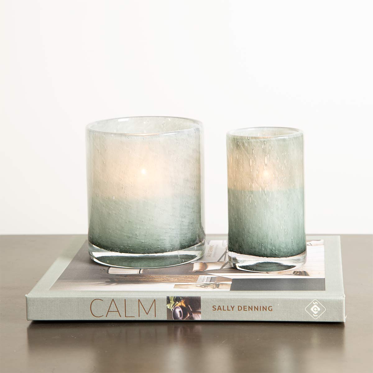 Smoky Green Glass Cylindrical Candle Holder