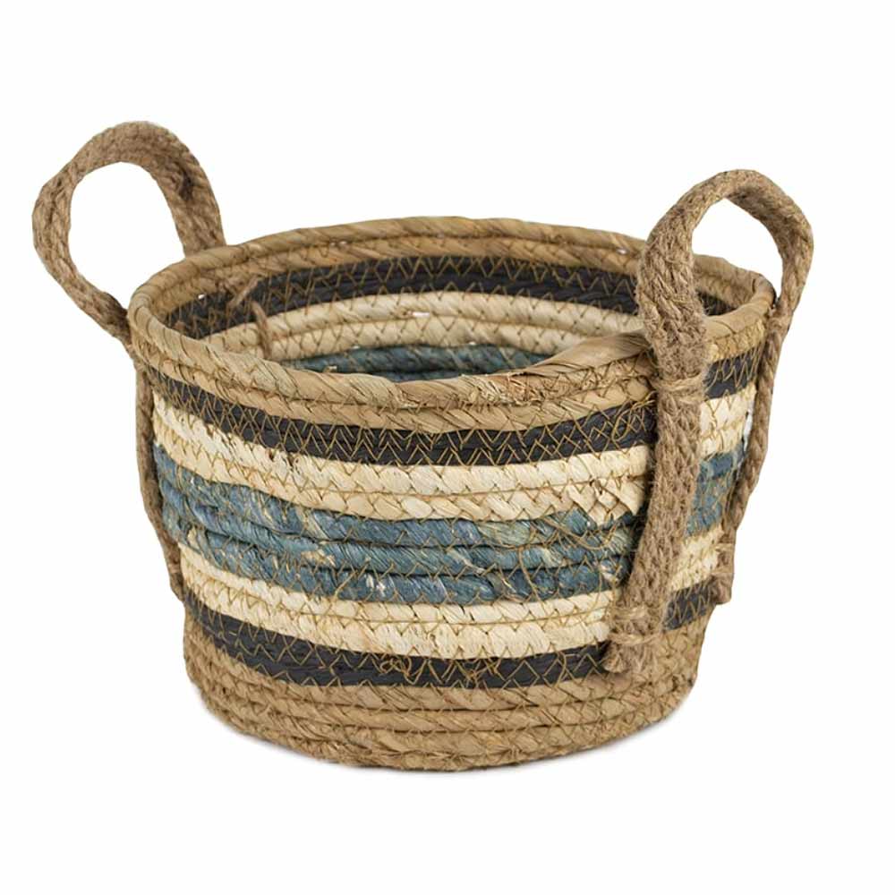 Straw and Corn Baskets with Blue Stripe