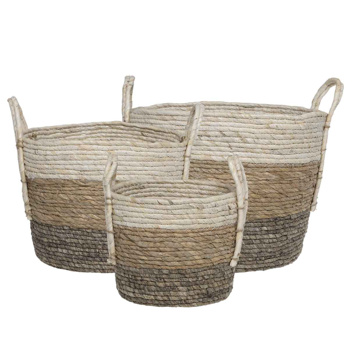 Striped Woven Storage Baskets in Tan and Cream – Available in Three Sizes