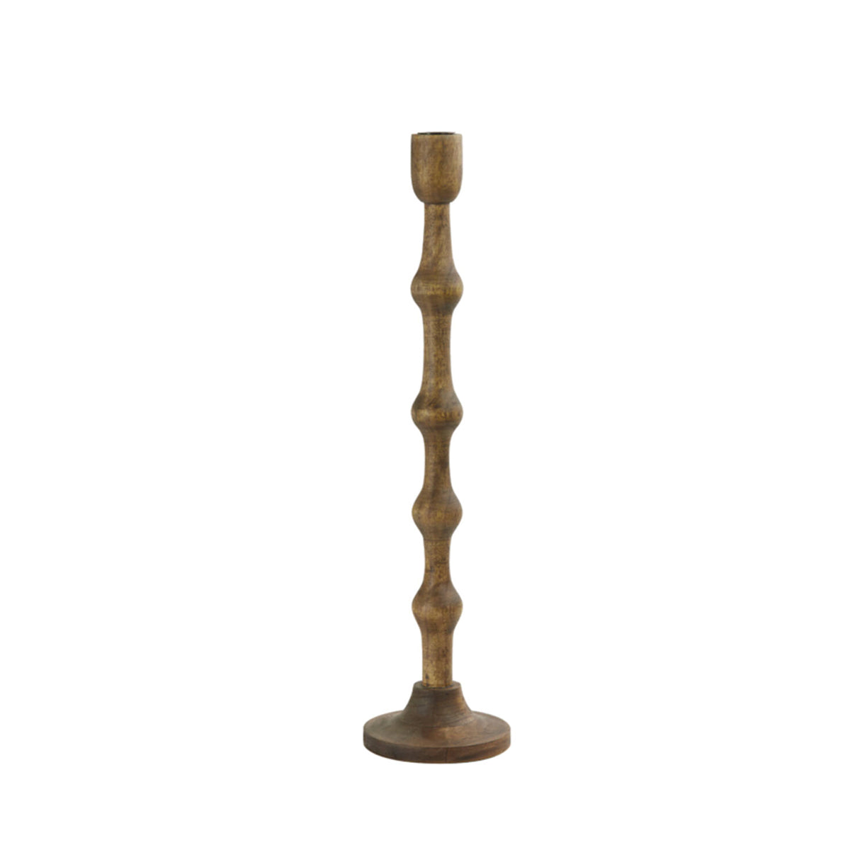 Takino Wooden Candlestick in matte dark brown, crafted from sustainably sourced mango wood with a sculptural design and iron cap, medium size 12x50 cm.
