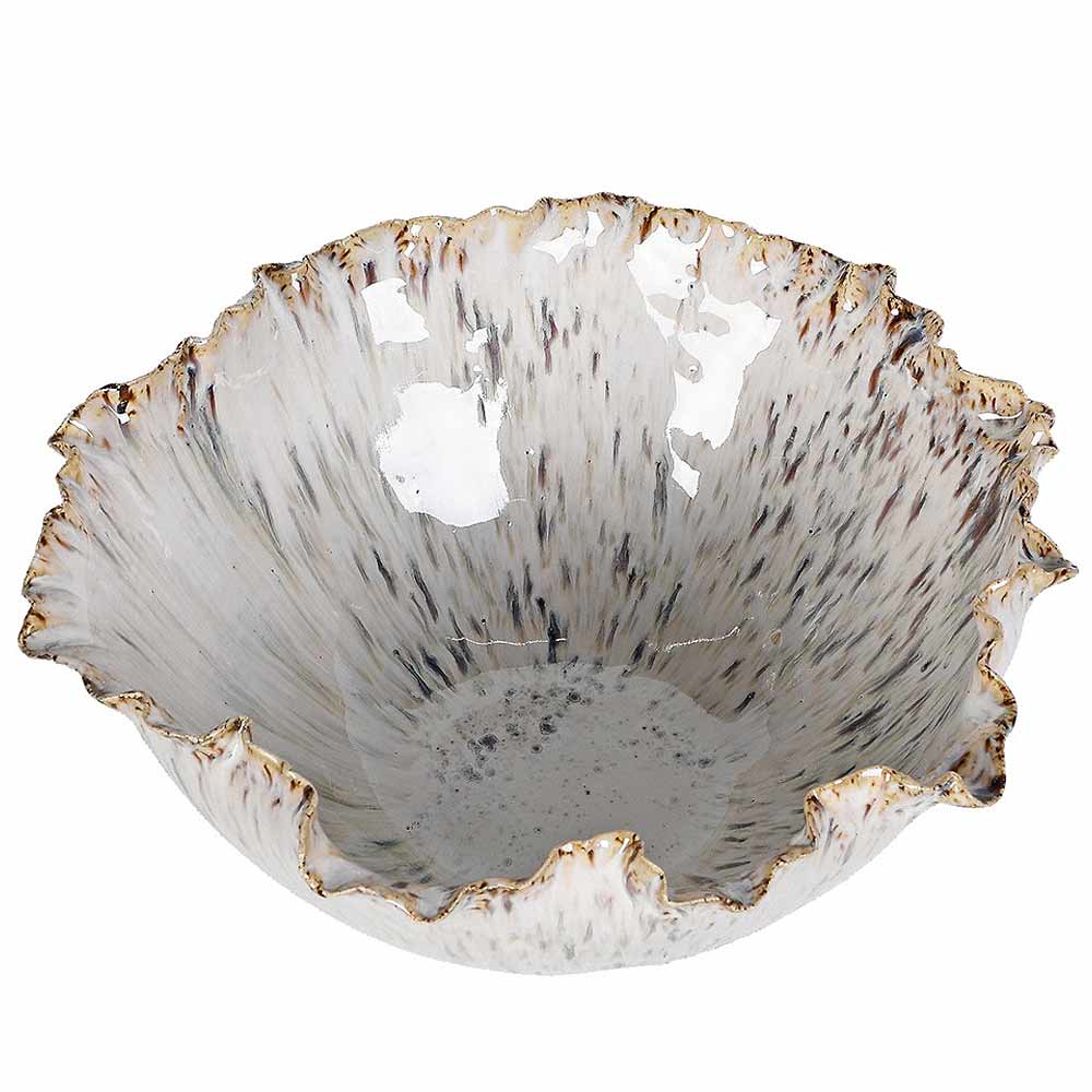 A fluted ceramic bowl with a textured, brushstroke-like glaze in off-white and grey, accented with brown speckles and a brown and gold rim, shown on a white background.