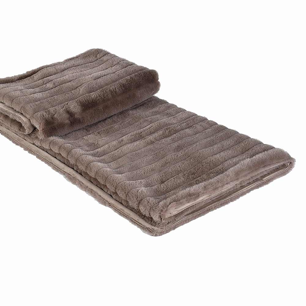 A folded plush faux fur blanket in a taupe-brown color, showing its ribbed texture, on a solid white background.