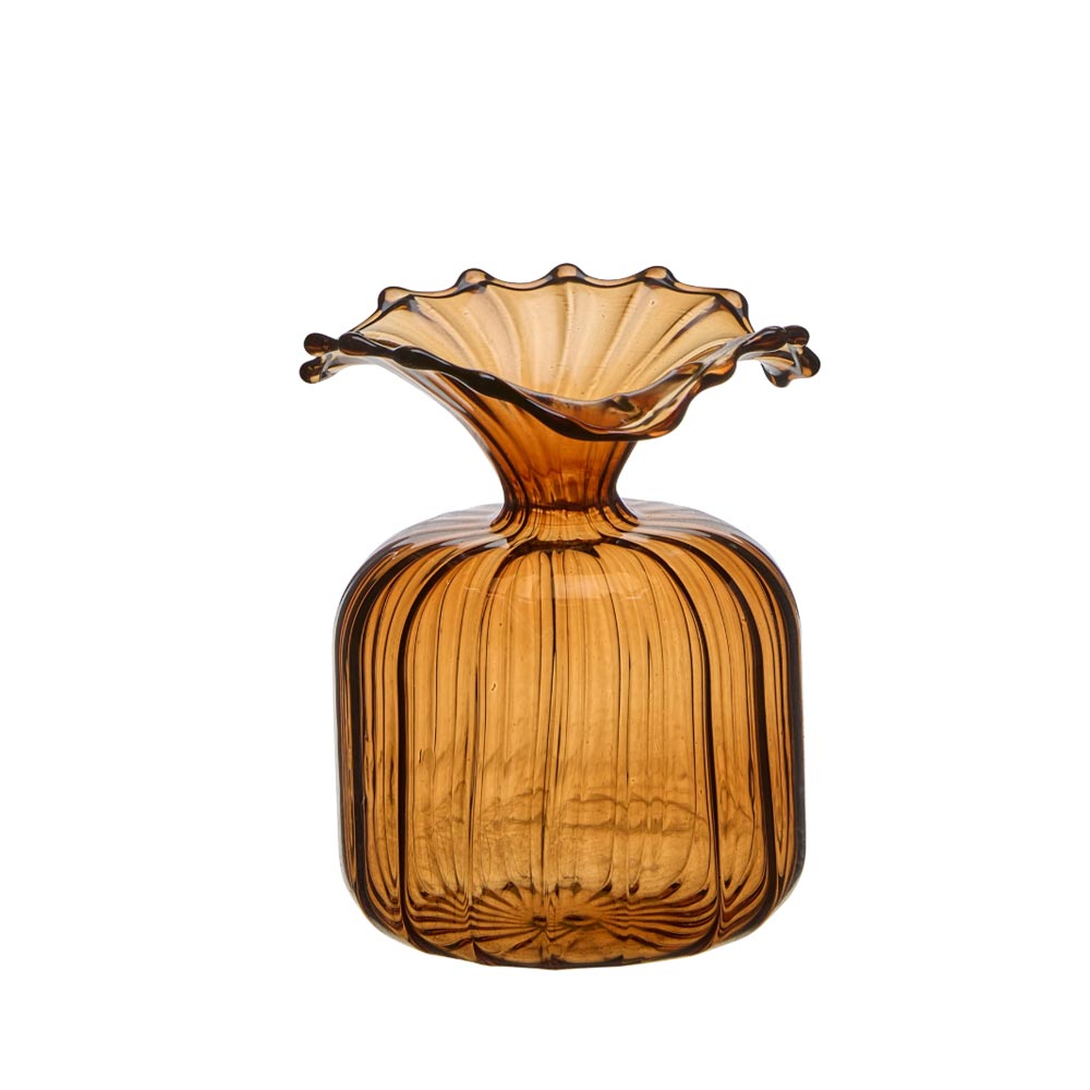 An amber brown ribbed glass bud vase with a flared, scalloped rim, shown on a solid white background.