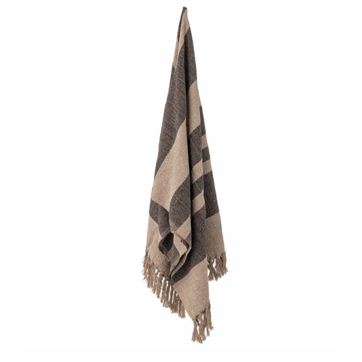Temi Throw in Black and beige stry with Tassels, Recycled Cotton - Displayed hanging from hook.