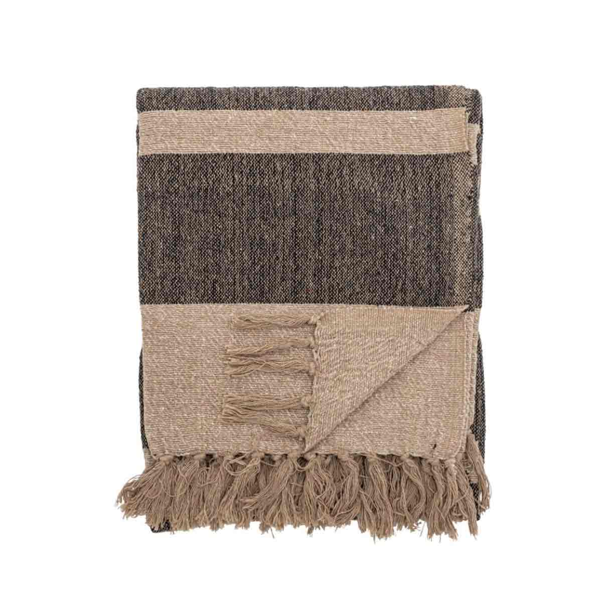 Temi Throw in Black and beige stry with Tassels, Recycled Cotton
