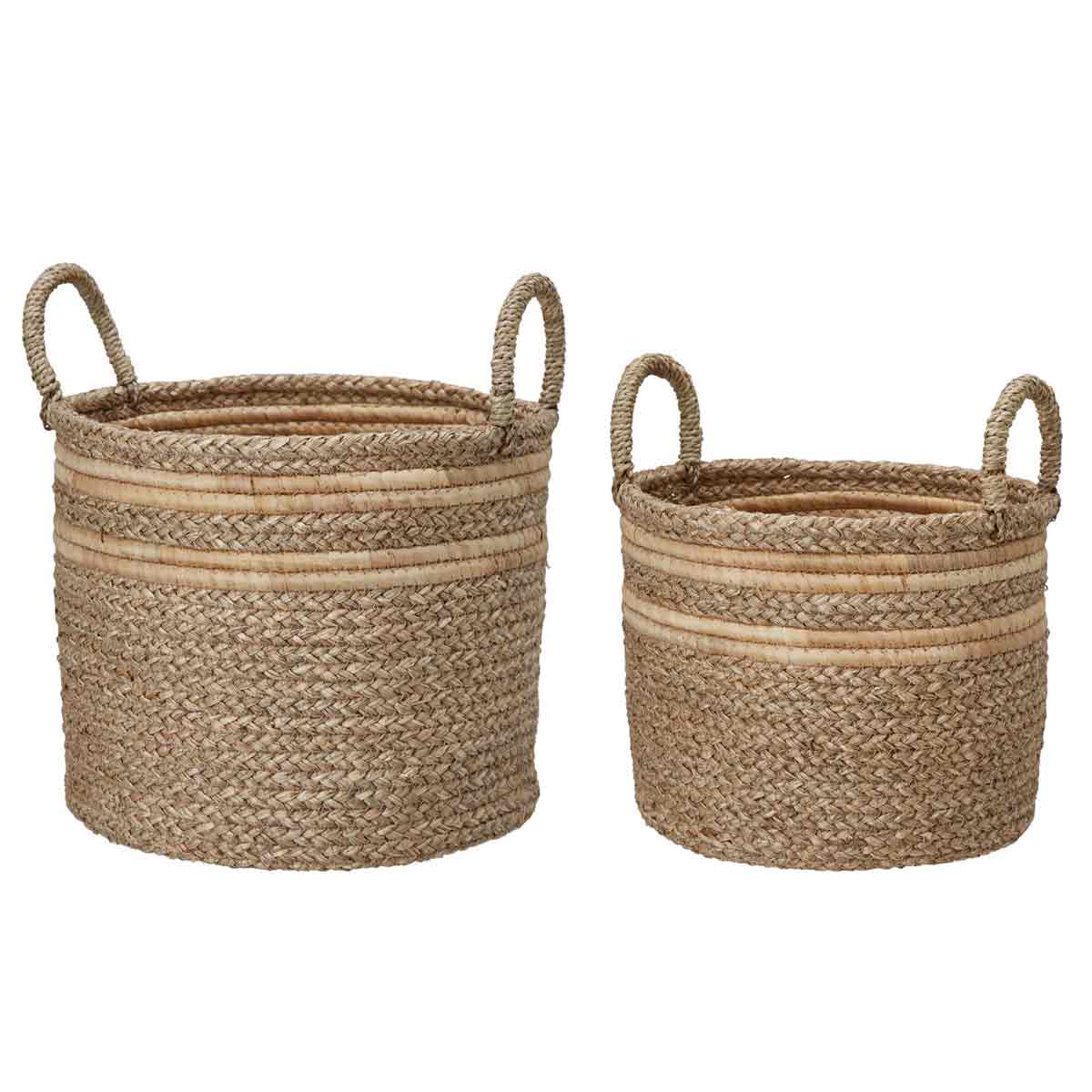 Thi seagrass baskets in large and small – round woven storage with stripe detail