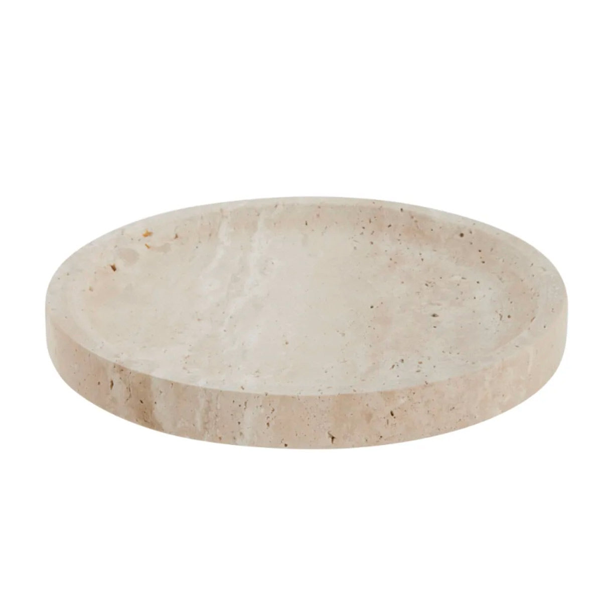 Travina Round Marble Tray in linen – a handcrafted travertine tray featuring a smooth, honed surface with natural stone variations. Perfect for displaying candles, organising toiletries, or serving small essentials in a refined and elegant style.