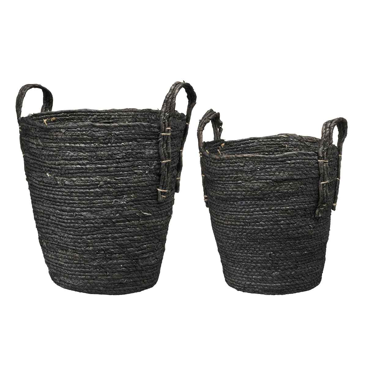 Truda black woven baskets in two sizes – handwoven corn fibre with handles and plastic inserts