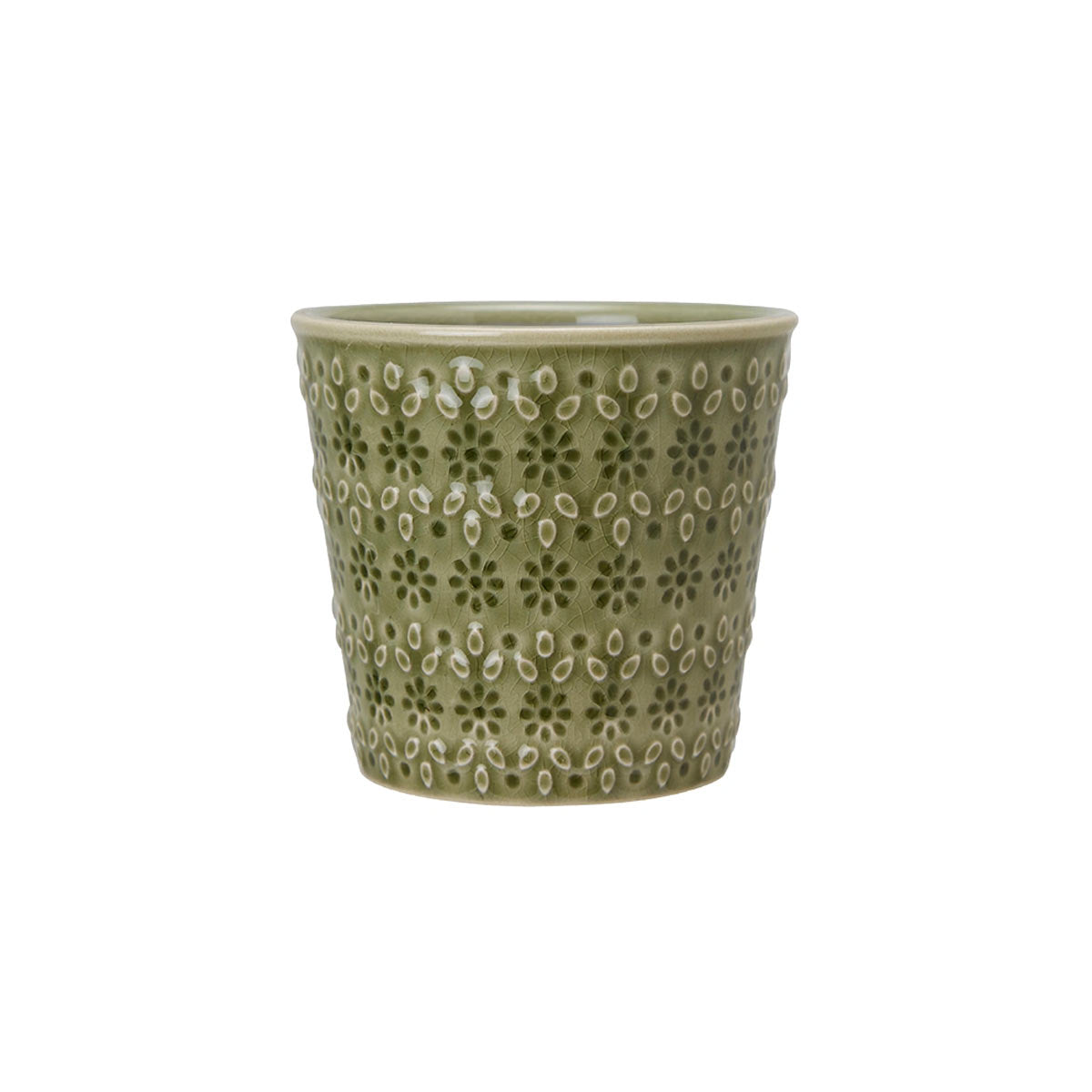 Veda Green Floral Patterned Plant Pot – small ceramic planter with dotted floral banding