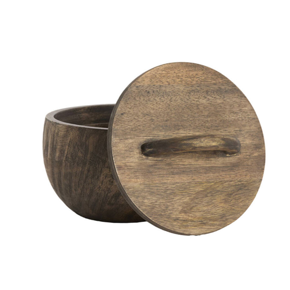 A round wooden storage container with a matching lid featuring a recessed handle, shown on a plain white background.