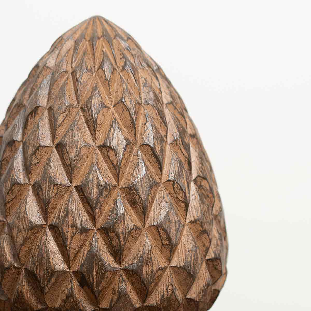 Wood effect artichoke sculpture with carved texture and warm brown finish - close up