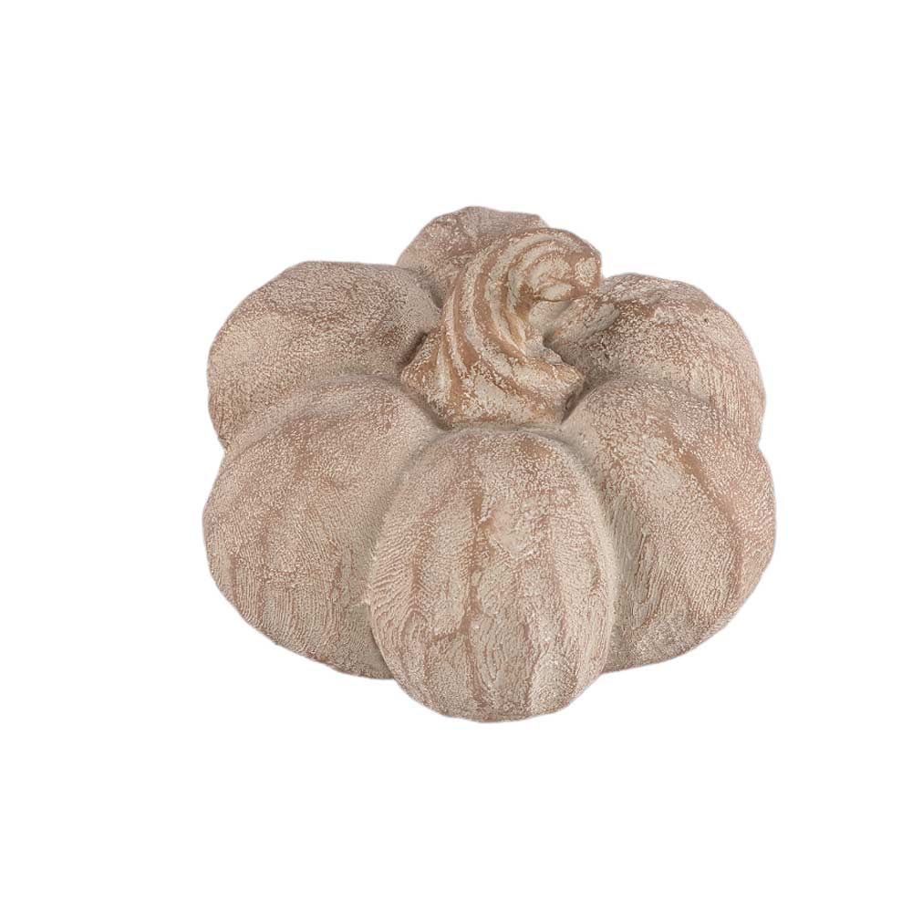 A decorative faux pumpkin sculpture with a textured, surface in a warm beige and light brown color palette, isolated on a white background.