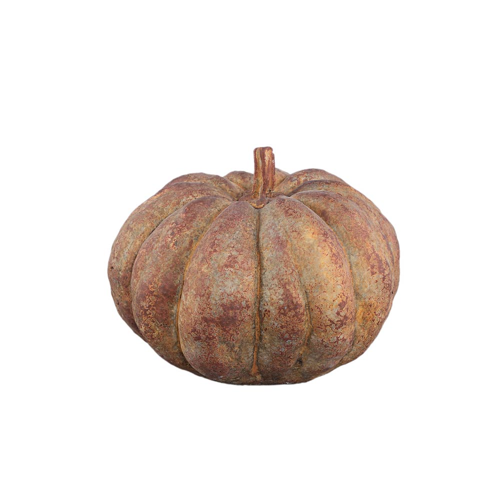 A decorative faux pumpkin with a textured, weathered finish in earthy brown, rust red, and muted green tones, isolated on a white background.