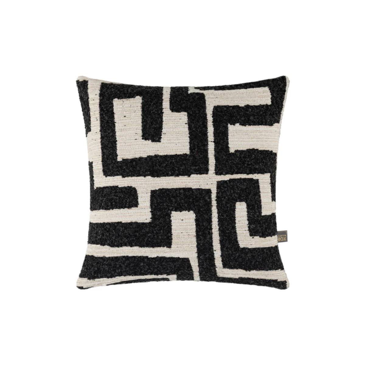 Zephyr Cushion – square charcoal and cream geometric design, 45cm on white background