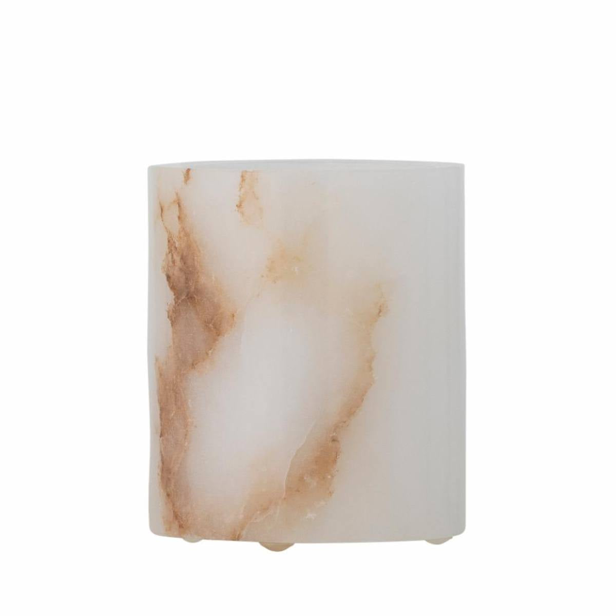 Annabel white alabaster tealight holder with natural veining and polished finish on white background