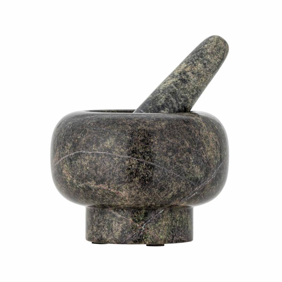 Arrazo dark green marble mortar and pestle on a white background - Side view