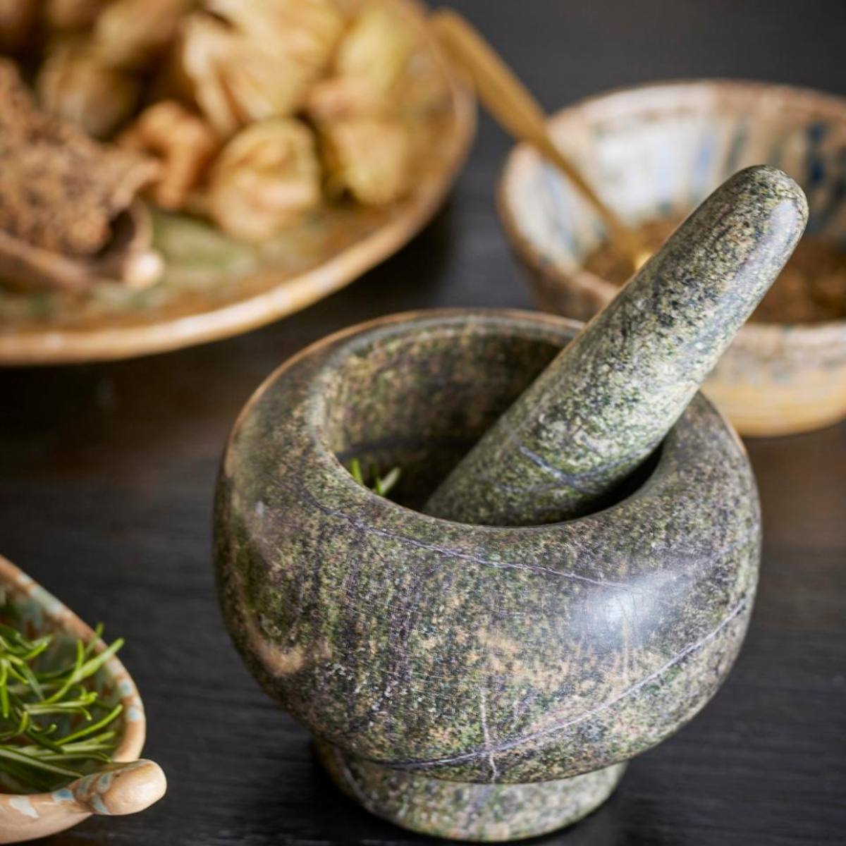 Arazo Dark Green Marble Mortar and Pestle - Seton dark surface