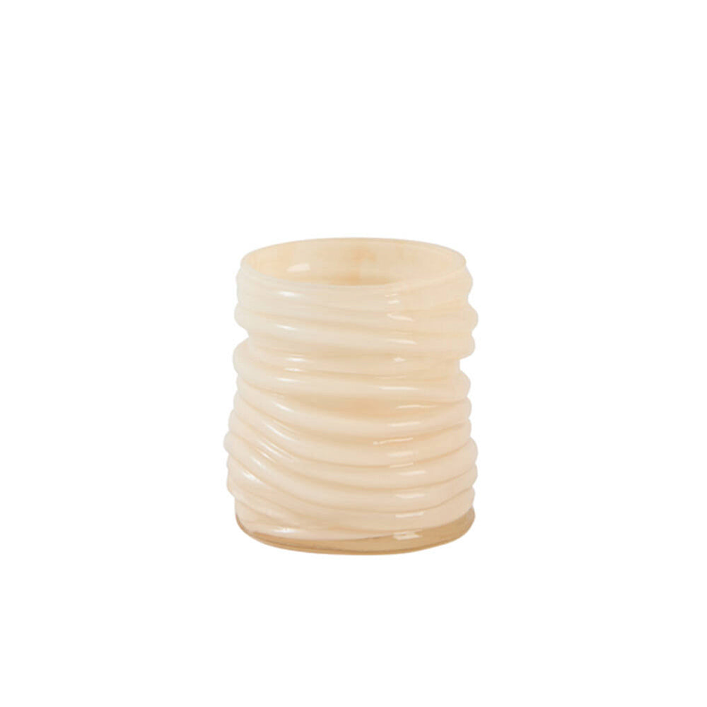 A small cylindrical candle holder with a textured, ribbed spiral pattern, made of a glossy cream-coloured material, shown on a plain white background.