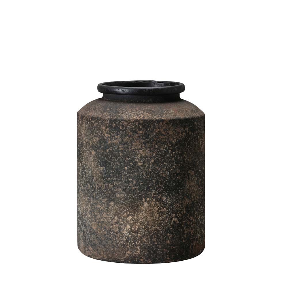 A rustic, cylindrical ceramic vase with a textured, speckled finish in dark brown and black tones, featuring a flared rim, set against a plain white background.