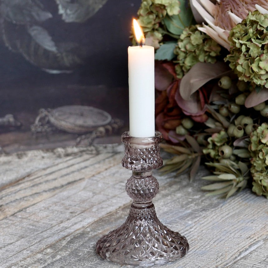Diamond cut glass candlestick - taupe