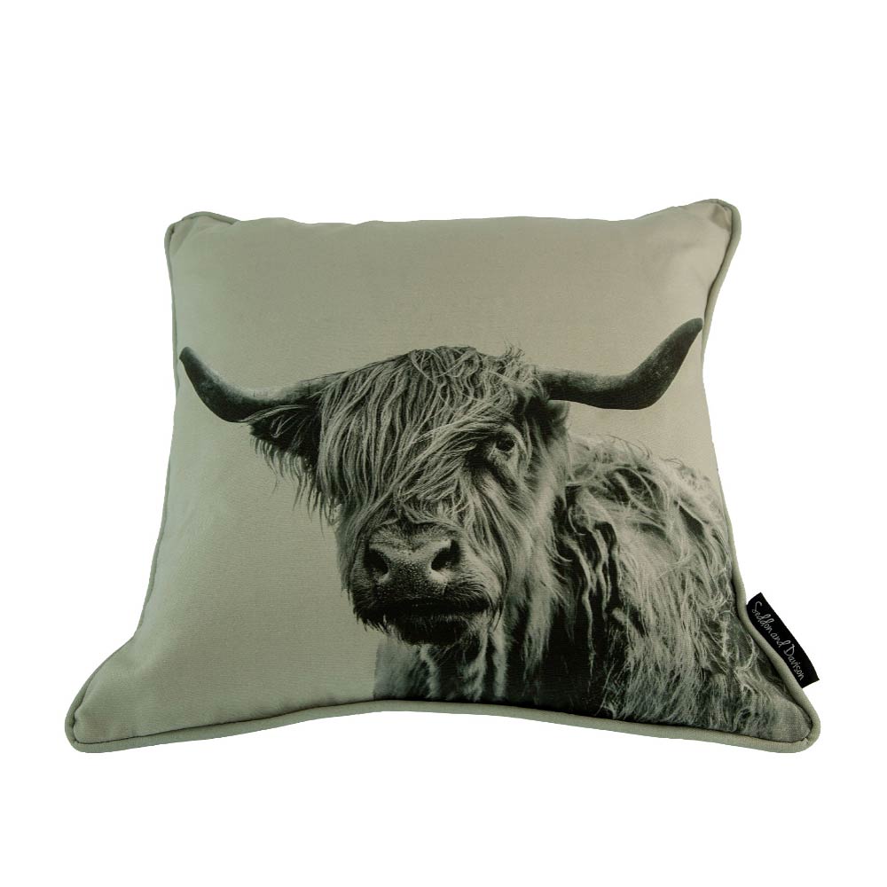 Highland Cow Cushion - Sage Grey