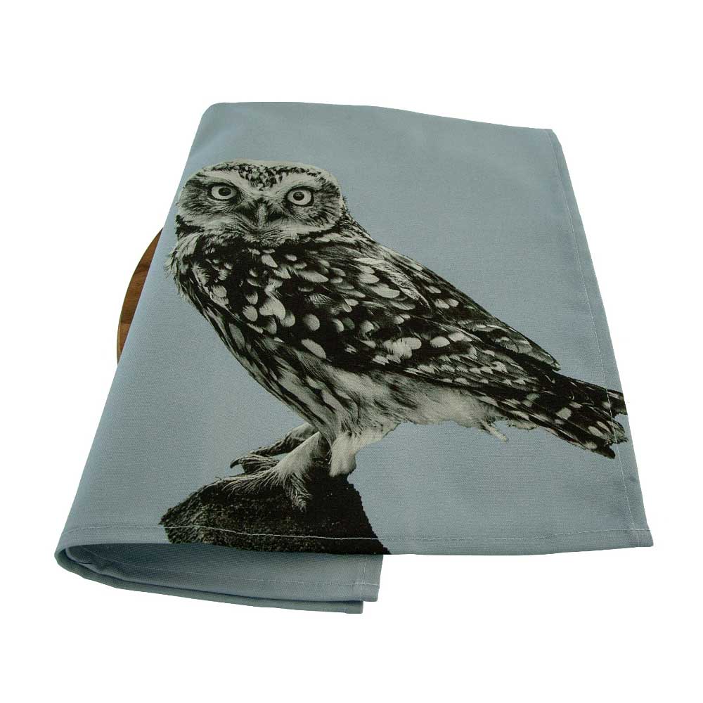 Little Owl Standing Tea Towel - Pale Grey