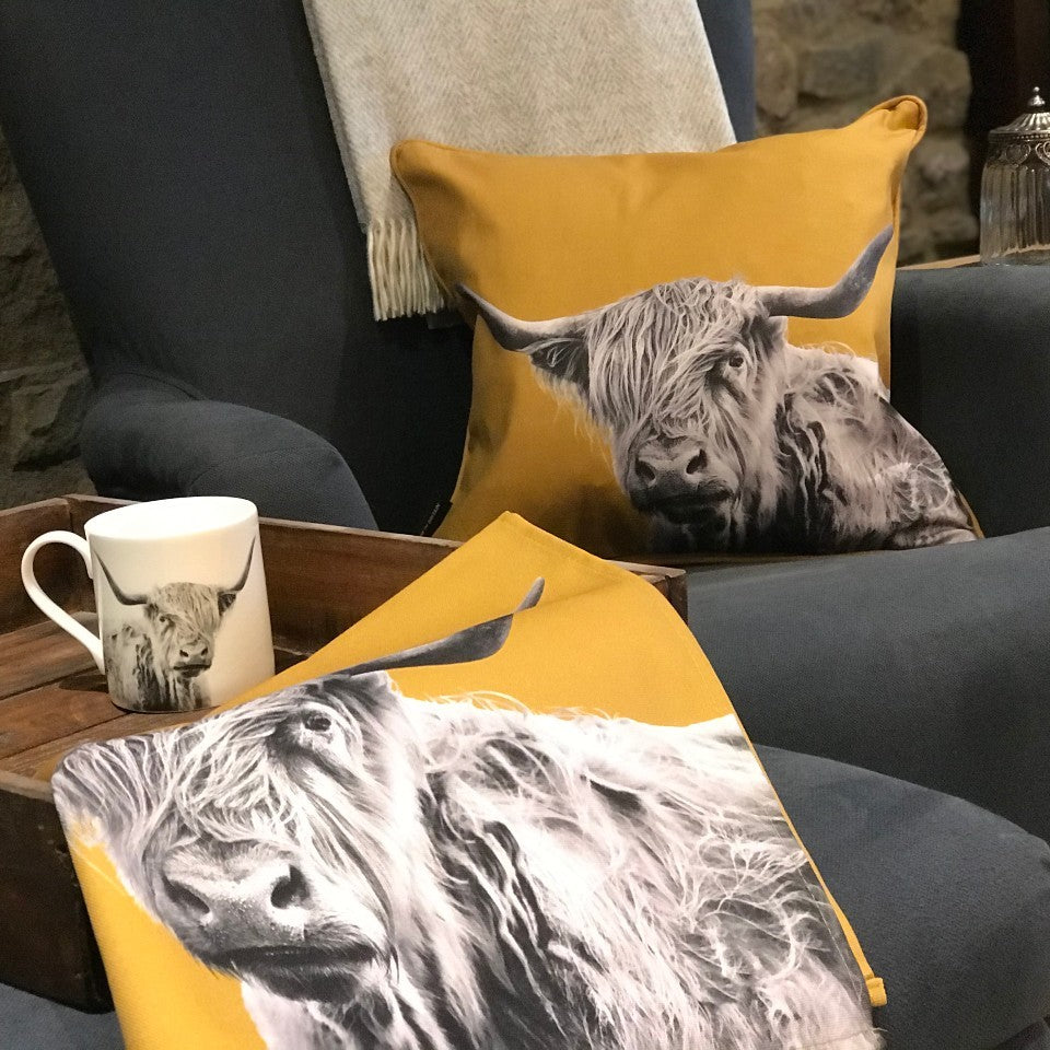 ochre Highland Cow Tea Towel - Lifestyle