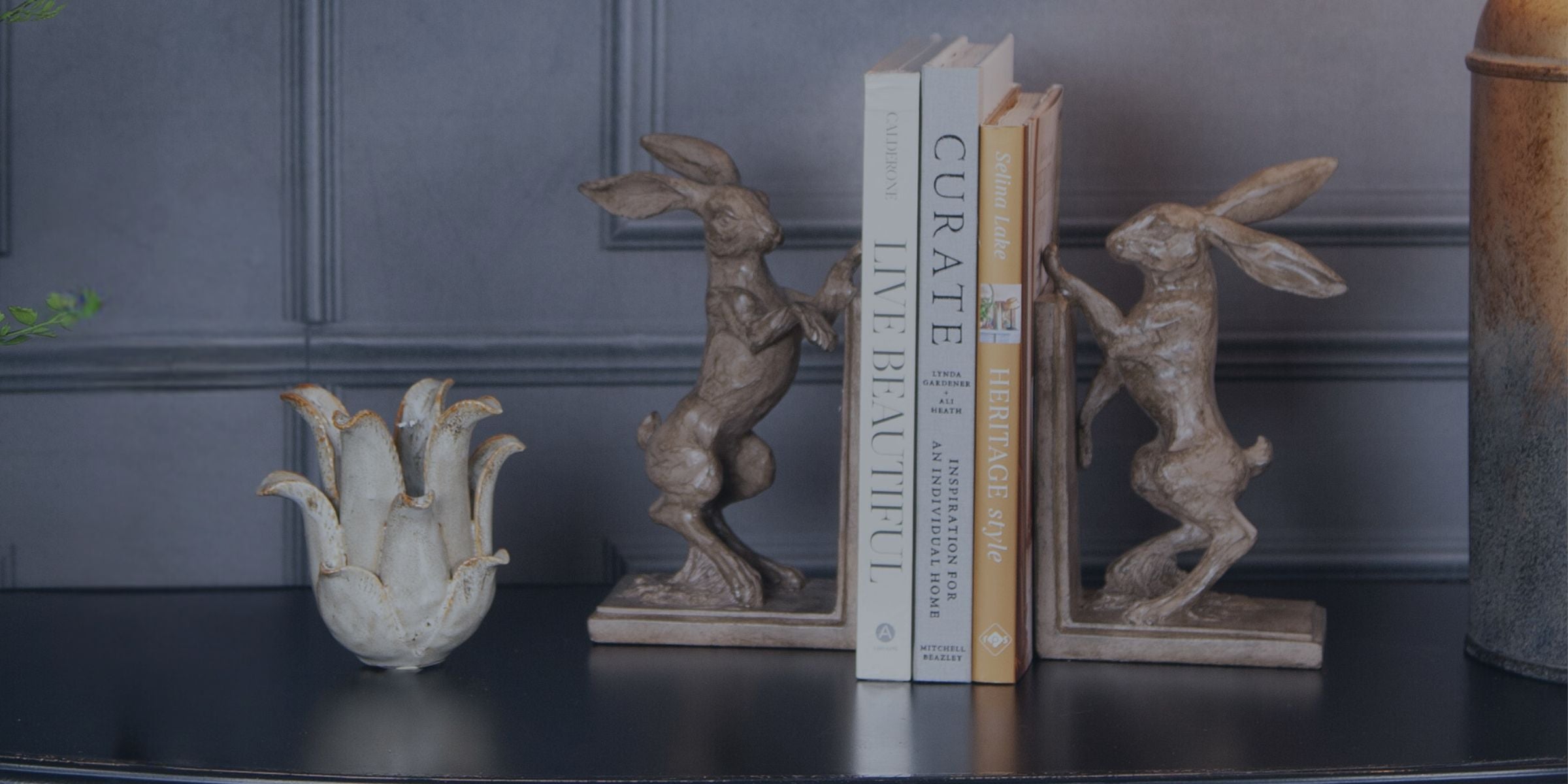 Books on shelf - Hare Bookends - Seddon and Davison