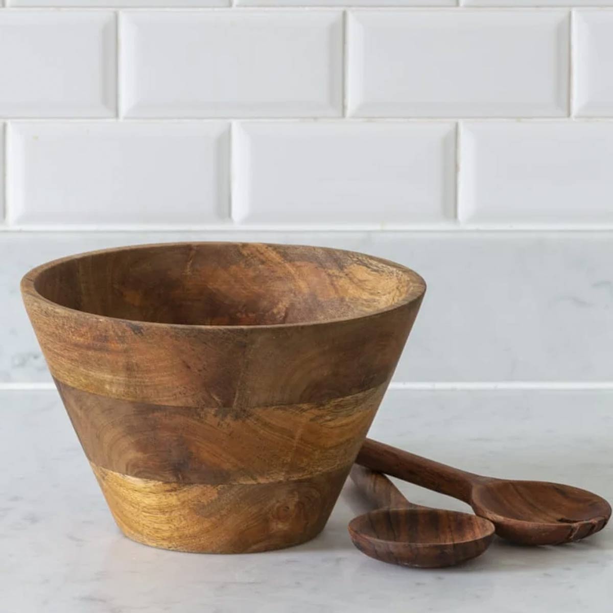 Acacia Round Salad Bowl Medium Size on Counter - 