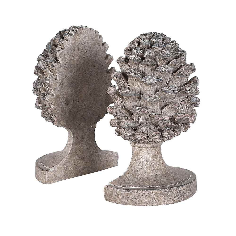 A pair of decorative bookends shaped like acorns, finished in a weathered gray stone or concrete texture, shown on a plain white background.